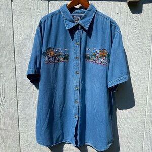 Vtg Quizz New York Women’s Embroidered Noah's Ark Short Sleeve Denim Shirt 22